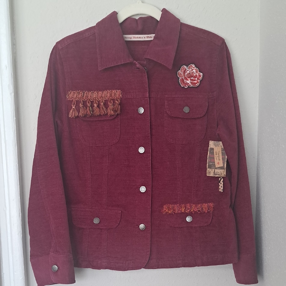 Women’s Corduroy Jean Jacket in Burgundy with Tassel Trim